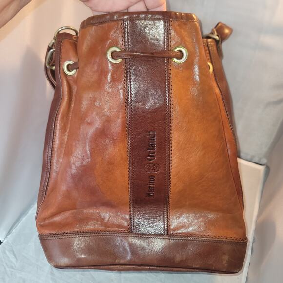 Marino Orlandi Leather Italian Bucket Bag NewBuck Cognac Drawstring Purse tartan - Picture 11 of 12